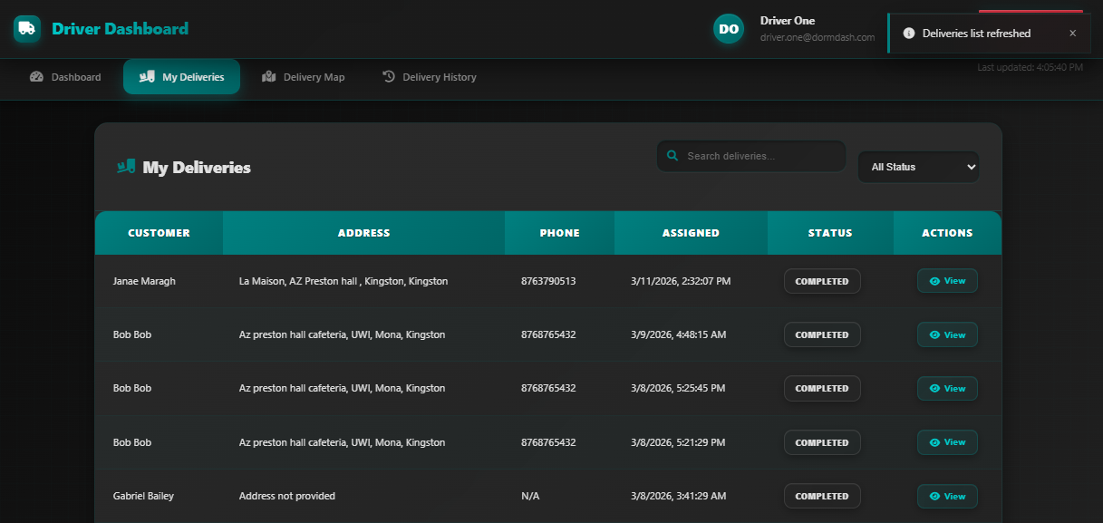 Driver panel active deliveries