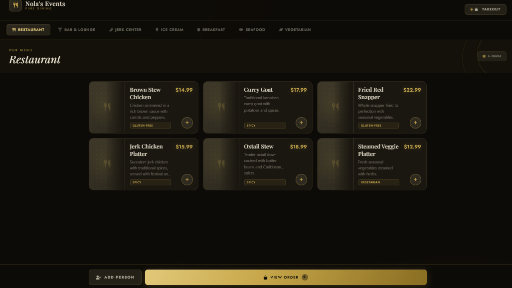 Restaurant menu with tabs